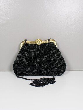 Vintage Black Beaded Evening Bag Gold Clasp Kiss Lock Pouch Chain Strap